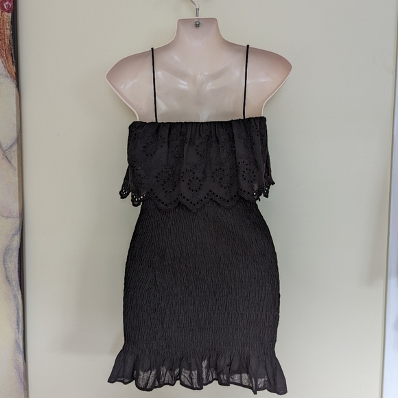 ZARA cotton embroidered smocked dress black xs - Picture 6 of 15